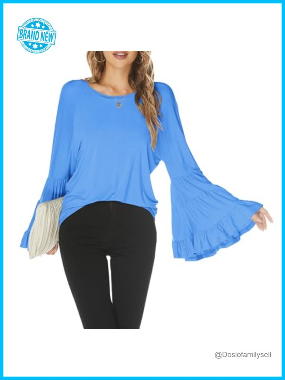 Hount Women Loose Bell Sleeve Top Rayon Spandex Flare Sleeve Blouse